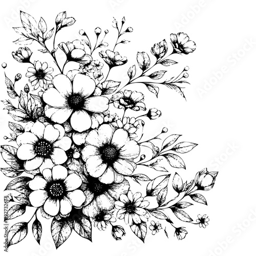 Black and white drawing of a flower arrangement with a white background. The flowers are arranged in a way that creates a sense of balance and harmony