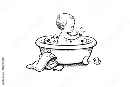 Baby is sitting in a bathtub filled with ducks. The baby is playing with the ducks, splashing water and making noise. The scene is playful and lighthearted, with the baby