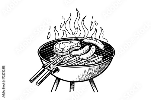 Drawing of a grill with meat on it. The drawing is in black and white. The mood of the drawing is casual and relaxed