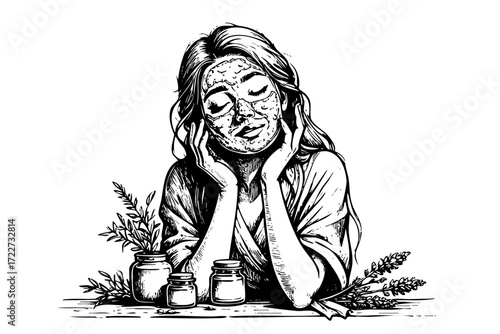 Woman is sitting with her hands on her face. She is wearing a white robe and has a bottle of lotion on the table in front of her