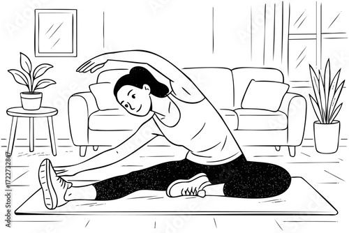 Woman is stretching her arms out to the side while sitting on a mat. The room is decorated with a couch and a potted plant. The woman is focused on her stretching routine