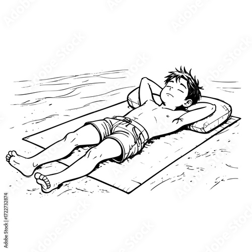 Boy is laying on a beach towel. He is wearing a bathing suit and has his head on a pillow