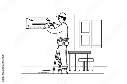 Man is fixing an air conditioner. He is wearing a hard hat and a tool belt