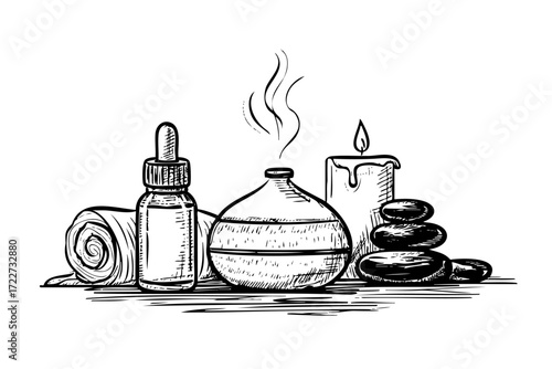 Drawing of a candle, a bottle of oil, and a vase of stones. The drawing conveys a sense of relaxation and tranquility, as the items are often used in spa treatments and meditation practices