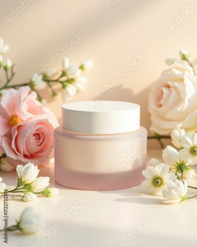 Wallpaper Mural Pink cosmetic cream jar with white lid surrounded by flowers Torontodigital.ca