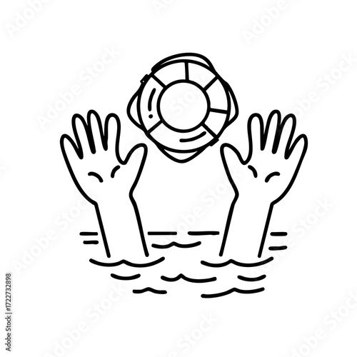 Drawing of a person's hands in water with a life preserver on top of them. Scene is one of danger and the importance of being prepared for emergencies
