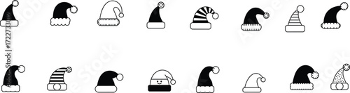 Santa hats collection, festive holiday accessories, Christmas costume elements, winter fashion, seasonal headwear, cartoon style, decorative trim, pom-pom designs