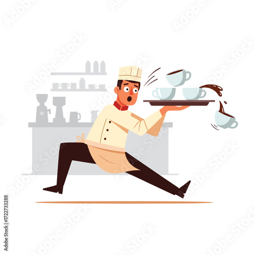 Funny illustration of a chef in uniform spilling coffee from cups while running