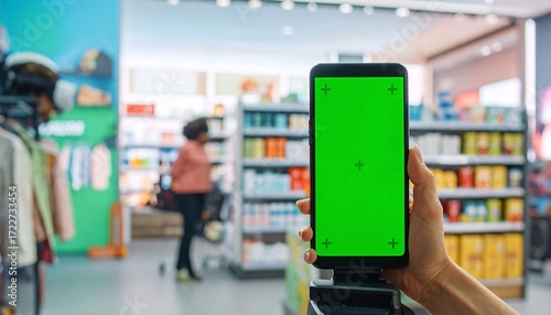 Wallpaper Mural Person holds green screen phone in store Torontodigital.ca