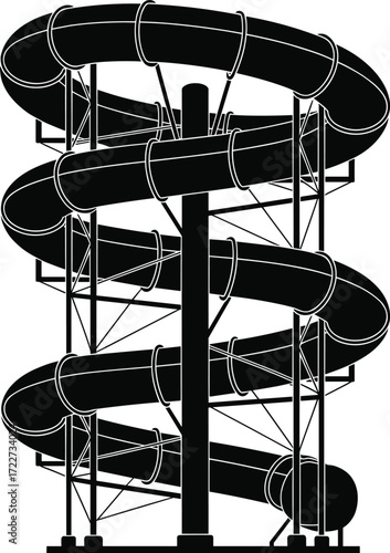 Water slide structure, spiral water park slide, recreational ride design, amusement park attraction, fun summer activity, outdoor adventure, engineering construction concept