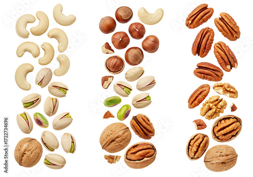 Assortment of nuts isolated on transparent background, including cashews, hazelnuts, pistachios, walnuts, and pecans, arranged in vertical rows