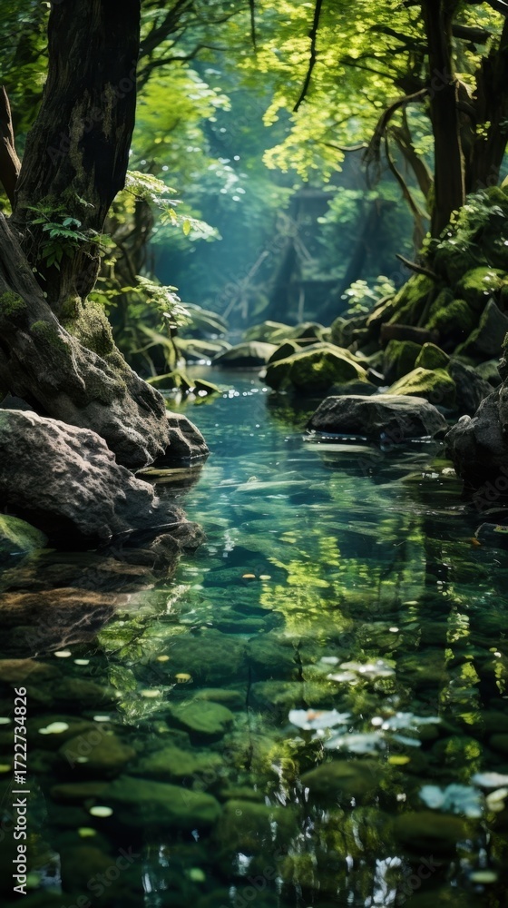Fototapeta premium Serene forest stream with sunlight filtering through