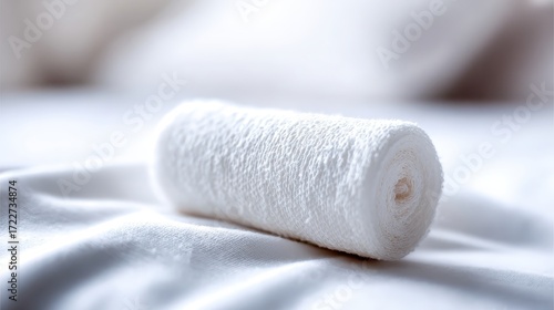 White Rolled Towel on Soft Fabric Background in Cozy Room Setting