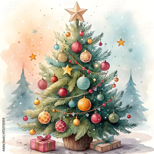Watercolor clipart of decorated Christmas tree with ornaments, isolated on white background