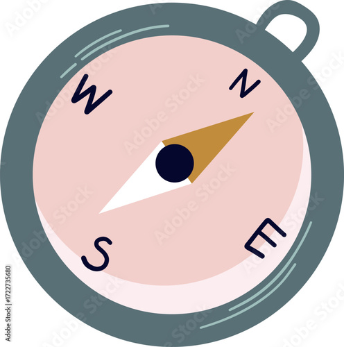 A pink compass with a dark gray border and a magnetic needle