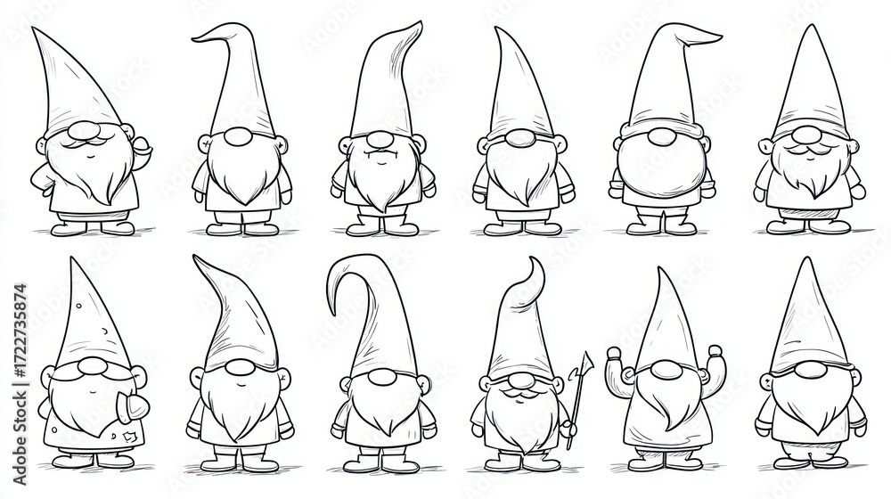 Obraz premium Twelve cartoon gnomes, each with unique expressions and accessories, are displayed in a simple, two-row grid, offering a whimsical and charming black and white illustration