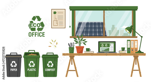 Sustainable EcoFriendly Office Environment with Solar Panels, Recycling Bins, and Plants, promoting environmentally conscious practices and reducing carbon footprint for a greener future