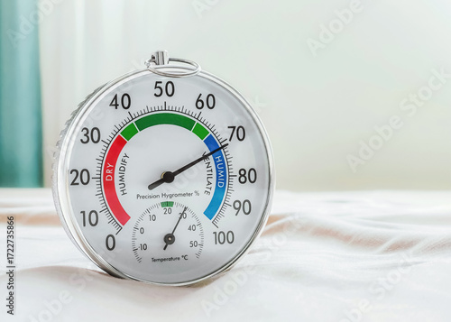 Hygrometer in bedroom showing high humidity. Gauge needle is in 