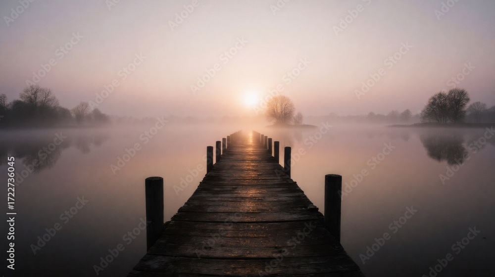 Fototapeta premium Wooden pier extending into a misty lake at sunrise, tranquil nature scene.