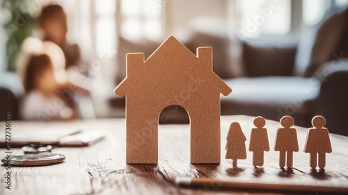 Wooden house symbol with family figures in a cozy living room setting