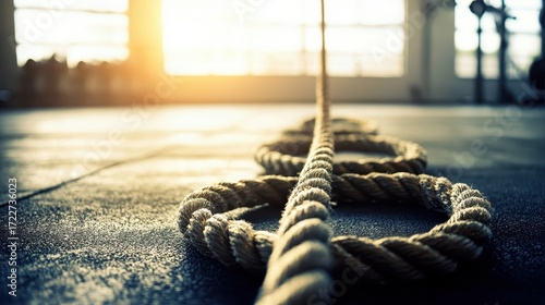 Workout Rope on Gym Floor in Bright Light for Fitness Training