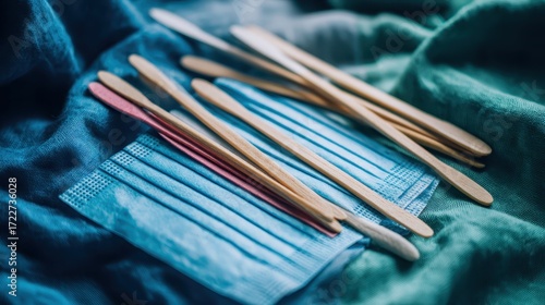 Wooden Sticks on Surgical Mask Surrounded by Soft Fabric Texture