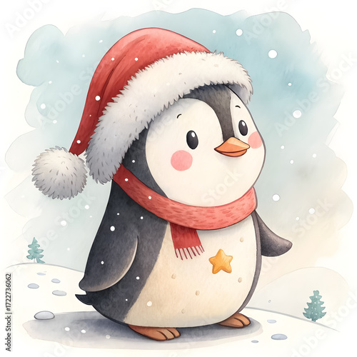 Cute watercolor clipart of penguin wearing Santa hat, isolated on white background