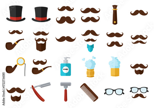 A collection of barber shop elements including mustaches hats and grooming items