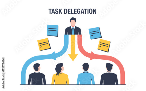 Task Delegation Illustration Manager Delegating Tasks to Team Members with Arrows Representing Workflow and Process, Enhancing Efficiency and Productivity in a Business Environment