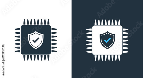 Secure computer chip icon with shield and check mark for data protection and cybersecurity