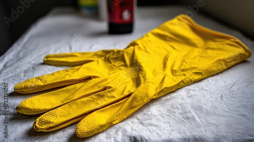 Yellow Rubber Glove on Table for Household Cleaning Tasks