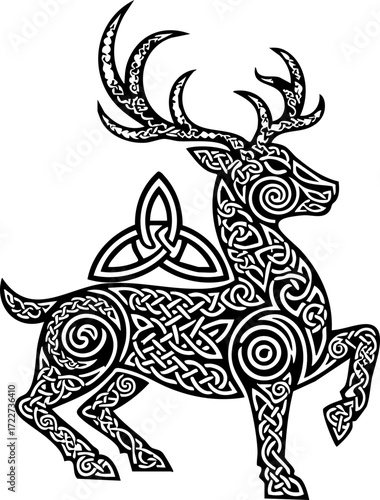 Majestic Celtic stag design with intricate knotwork symbolizing strength, nature, and ancient heritage, perfect for cultural branding and artistic projects.