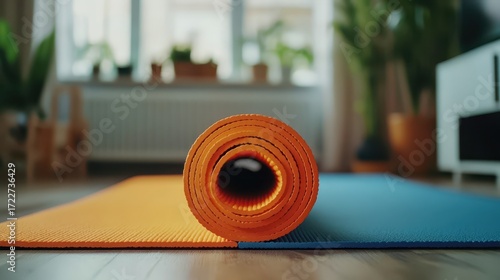 Yoga Mat Rolling on Floor in Modern Indoor Space with Plants