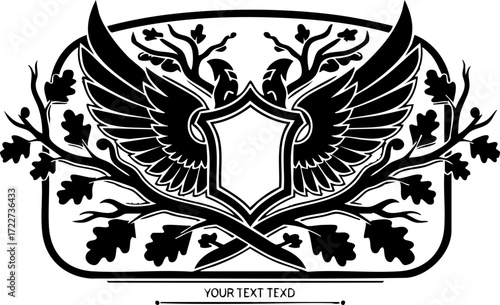 Elegant heraldic crest with mythical griffins, oak branches, and shield for premium branding, emblems, and design projects
