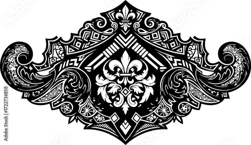 Elegant ornamental flourish design with intricate filigree and fleur de lis motif, perfect for premium branding and decorative accents.
