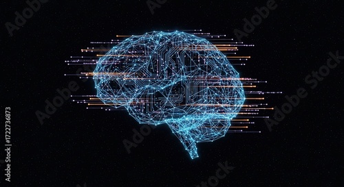 Visualize the future of intelligence with a stunning digital brain network pulsing with data streams against a starry cosmic backdrop