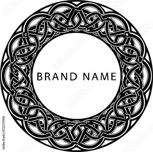Elegant Celtic knotwork circle frames 'BRAND NAME' text, perfect for sophisticated logos, emblems, and decorative elements.