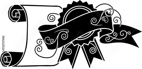 Elegant award ribbon and scroll design symbolizing achievement, recognition, and official documents with decorative flourishes for celebratory or official purposes.