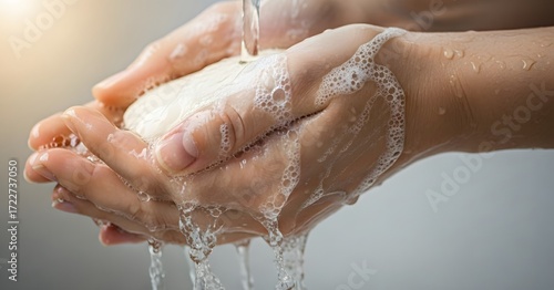 Wallpaper Mural Close-up of hands washing a bar of soap under running water with soap bubbles, clean background Torontodigital.ca