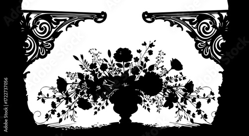 Elegant floral arrangement silhouette in ornate urn, perfect for decorative accents, invitations, and sophisticated design projects.