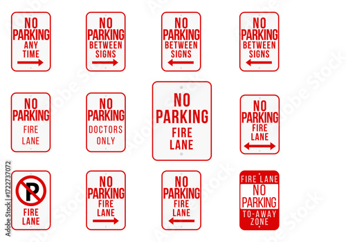 A comprehensive collection of vector No Parking signs, including fire lane, tow-away zone, and restricted area warnings for traffic regulation