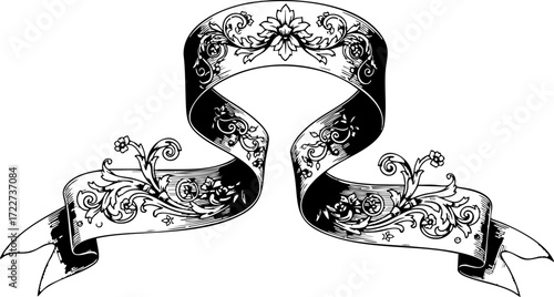 Elegant ornate banner ribbon with intricate floral embellishments and classic decorative flourishes for sophisticated design projects