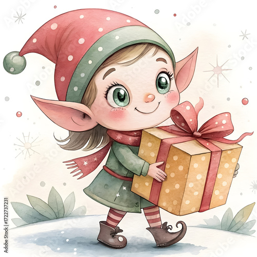 Cute watercolor clipart of elf holding gift box, isolated on white background