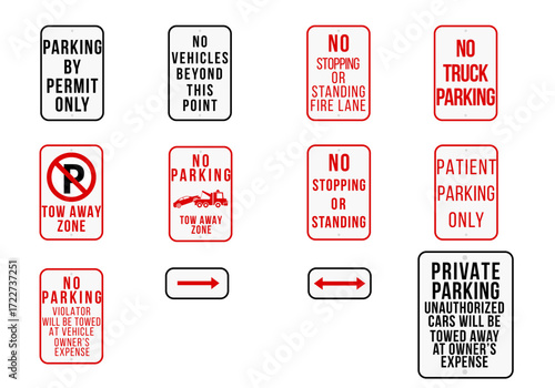A comprehensive collection of essential parking and traffic regulation signs providing clear warnings and instructions for drivers to ensure orderly road use and enhance safety