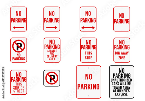 A comprehensive vector collection of various red and white No Parking signs, illustrating different traffic regulations and restrictions