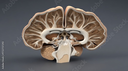 Detailed Cross-Section of Human Brain with Neural Pathways Visible