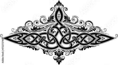 Elegant black Celtic knotwork ornament with intricate floral flourishes and a timeless, mystical design perfect for decorative accents and symbolic art.