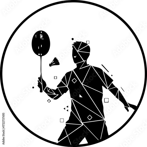 Dynamic badminton player in action captures thrilling sports moment with sharp geometric style perfect for athletic branding and design