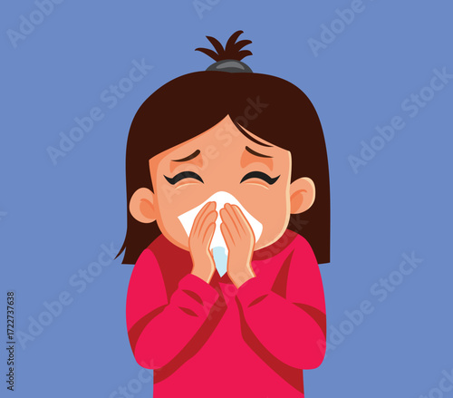 Sick Allergic Child Blows her Nose Vector Cartoon Illustration. Kid suffering from a cold having a runny nose 
