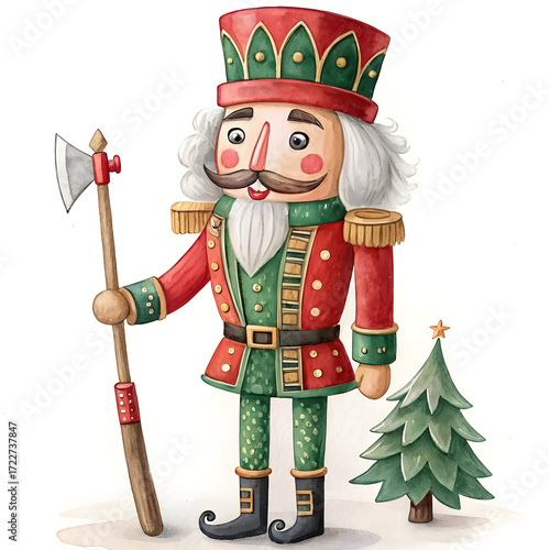 Watercolor clipart of nutcracker soldier, isolated on white background